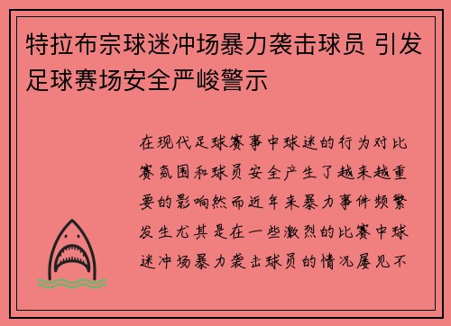 特拉布宗球迷冲场暴力袭击球员 引发足球赛场安全严峻警示