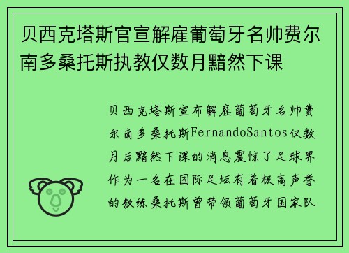 贝西克塔斯官宣解雇葡萄牙名帅费尔南多桑托斯执教仅数月黯然下课